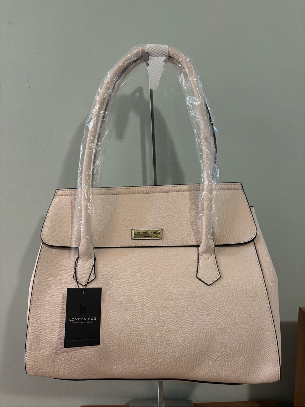 London Fog 100th Anniversary Maille Tote cream caviar-embossed faux leather NEW